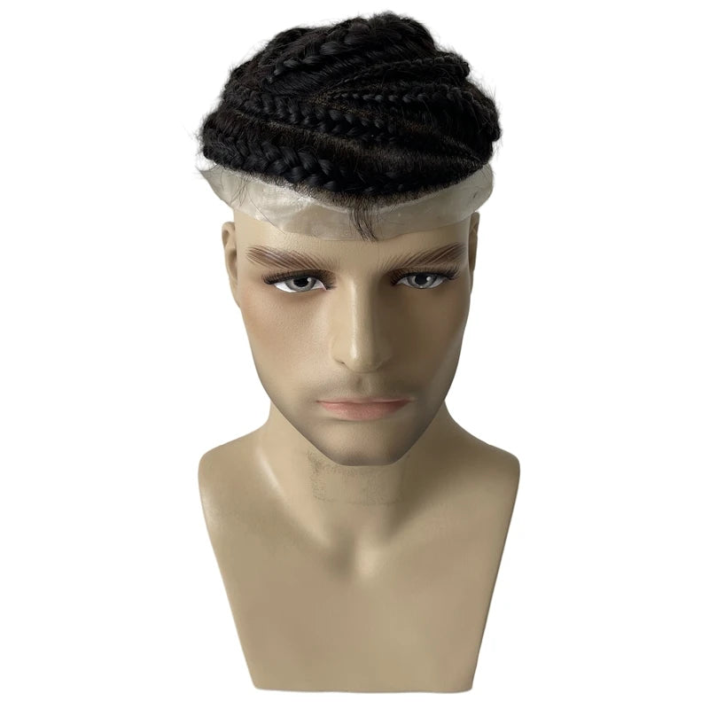 Brasilian neitsythiustoupee, cornrow-palmikkohiukset 8x10, keskellä pitsi, PU-reunus, mustille miehille