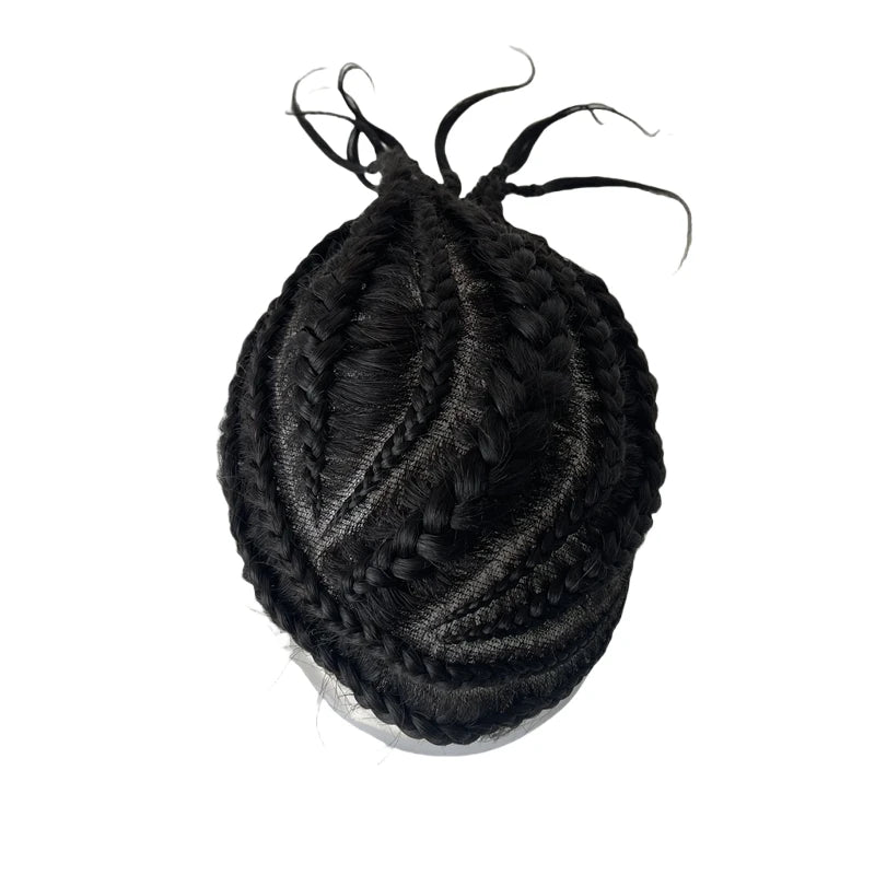 Brasilian neitsythiustoupee, cornrow-palmikkohiukset 8x10, keskellä pitsi, PU-reunus, mustille miehille