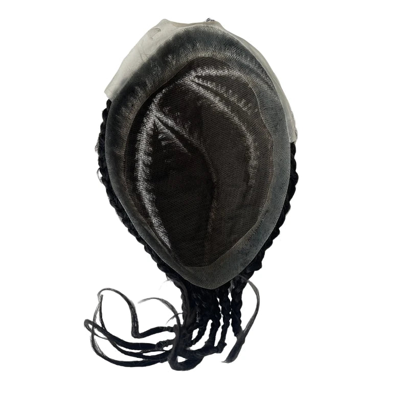 Brasilian neitsythiustoupee, cornrow-palmikkohiukset 8x10, keskellä pitsi, PU-reunus, mustille miehille