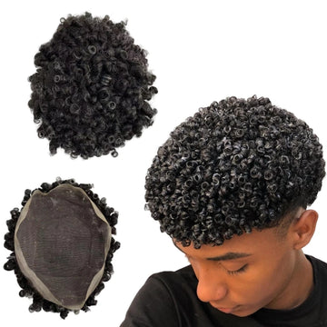 #1b20 Grey 15mm Curl Toupee Full Lace Units for Black Men