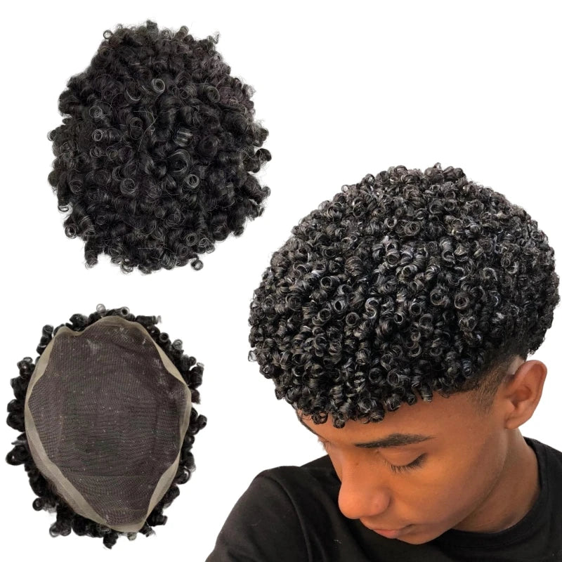 #1b20 Grey 15mm Curl Toupee Full Lace Units for Black Men