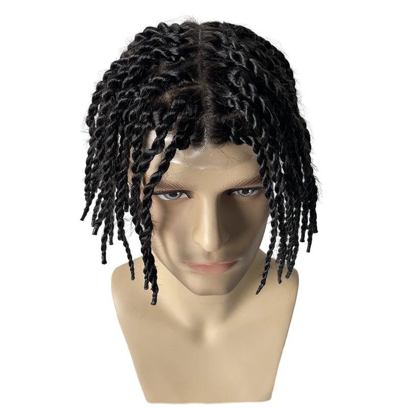 Brazil szűz emberi hajból készült hajpótló 200% sűrűségű Jet Black csavart fonott tupé fekete férfiaknak