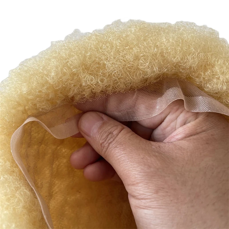 Brasilianisches Jungfrauen-Echthaar Afro Toupee 4mm Wurzel Blond Farbe 613 Vollspitzen-Unit für schwarze Männer 8x10