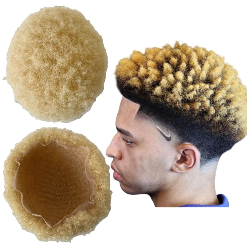 Brazilian Virgin Human Hair Afro Toupee 4mm Root Blonde Color 613 Full Lace Unit for Black Men 8x10