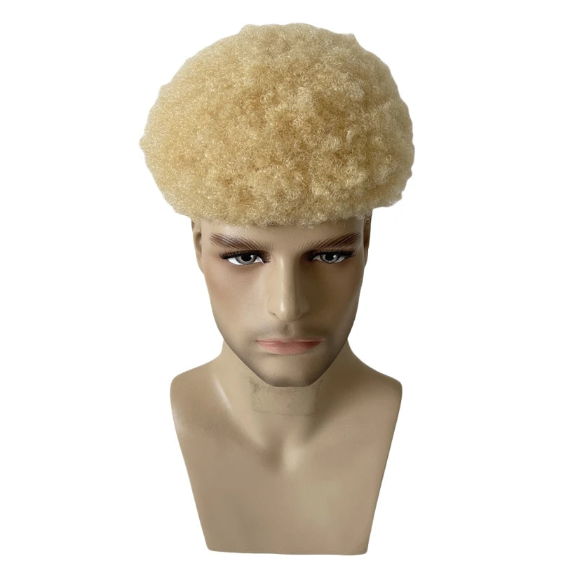 Brazilian Virgin Human Hair Afro Toupee 4mm Root Blonde Color 613 Full Lace Unit for Black Men 8x10
