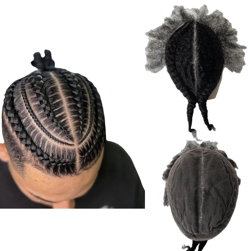 Brazilian Virgin Human Hair Black Afro Baby Hair Cornrow Braids Toupee Full Lace Unit for Men
