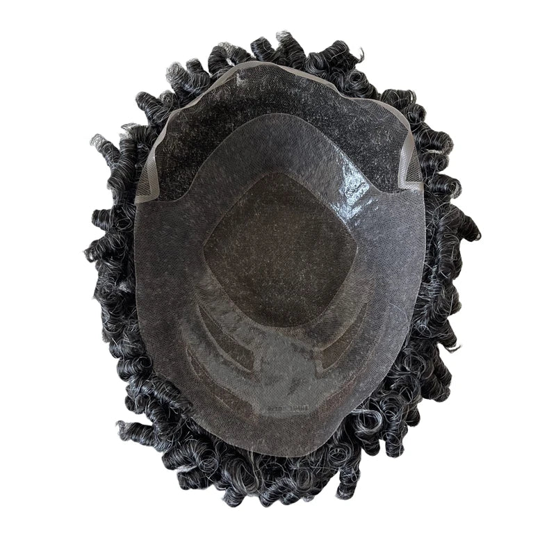 Europees Remy Human Hair Front Lace Toupet voor Mannen 15mm Krul #1B10 Grijs 8x10 Eenheid