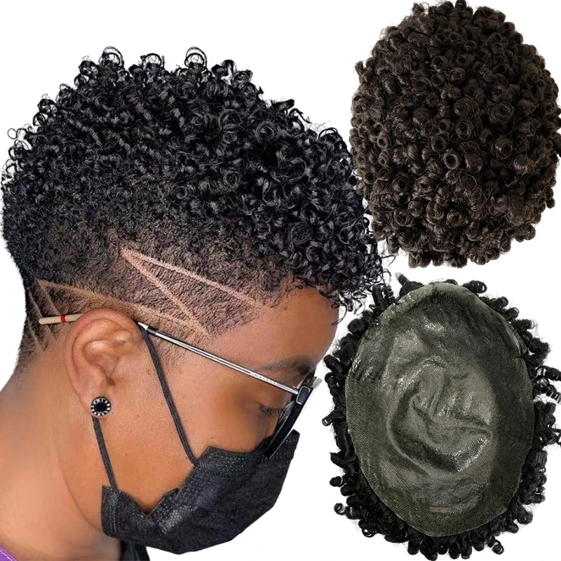 8mm Curl Bouncy Curly Toupee  Knotted PU Unit for Black Men