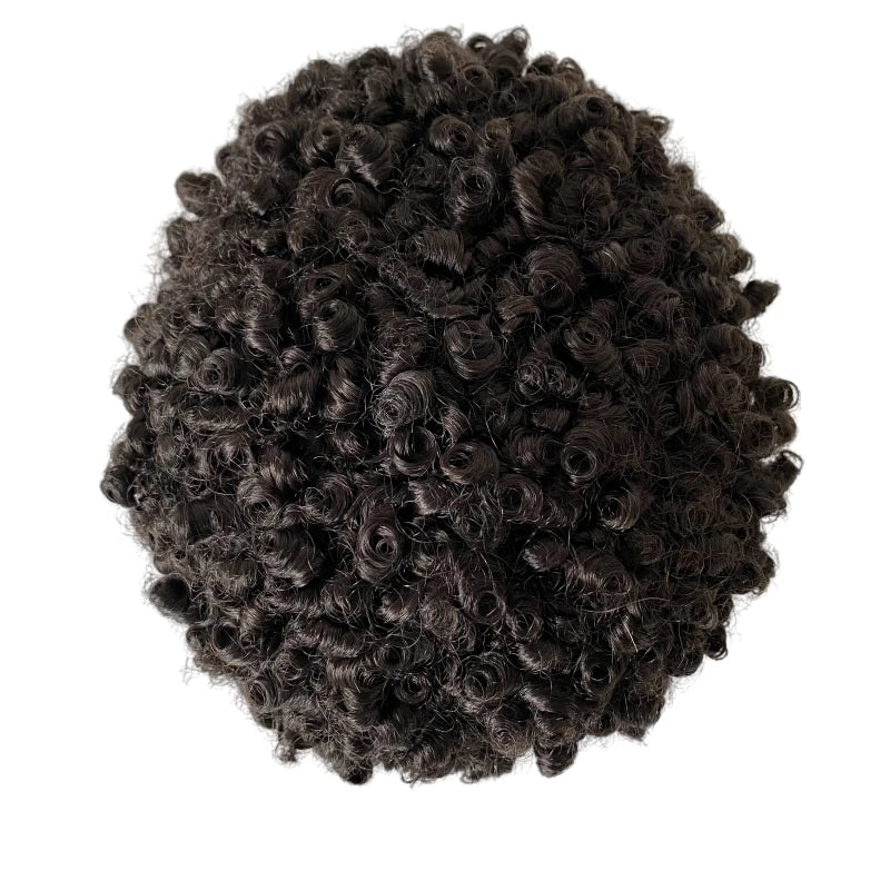 8mm Curl Bouncy Curly Toupee  Knotted PU Unit for Black Men