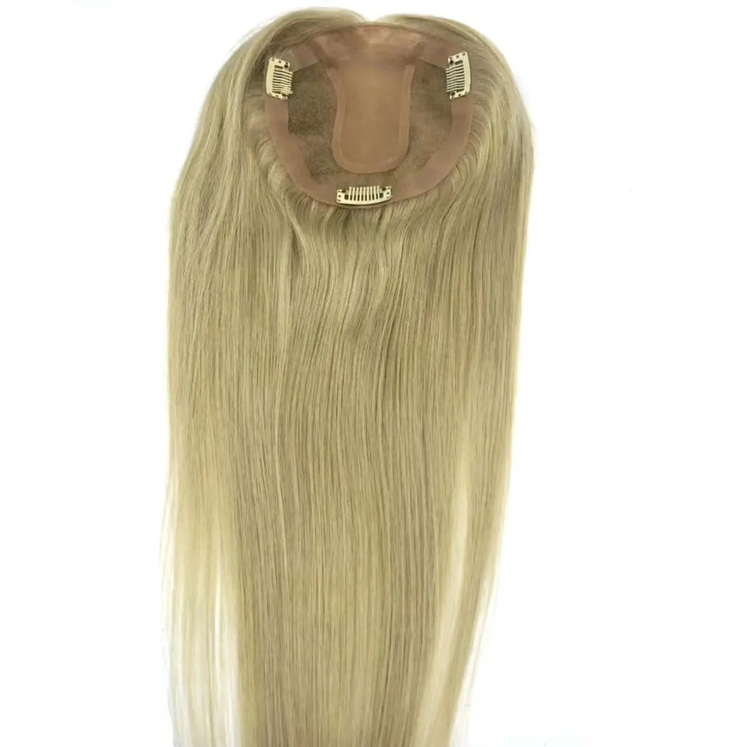 Blonde Remy Human Hair Topper for Women with Silk Base and Clips Natural Hair Piece Kippa Extensions