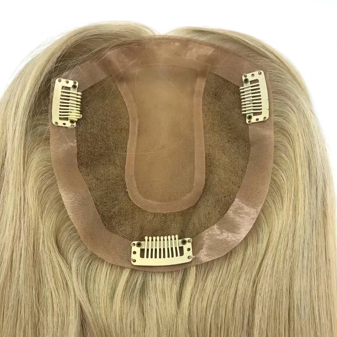 Blonde Remy Human Hair Topper for Women with Silk Base and Clips Natural Hair Piece Kippa Extensions