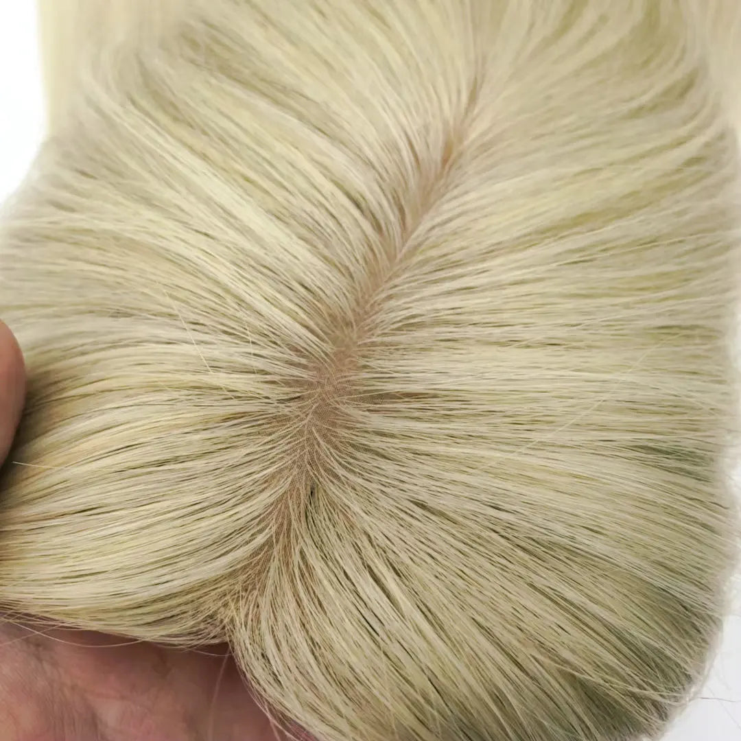 Blonde Remy Human Hair Topper for Women with Silk Base and Clips Natural Hair Piece Kippa Extensions