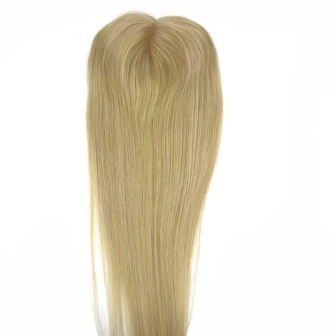 Blonde Remy Human Hair Topper for Women with Silk Base and Clips Natural Hair Piece Kippa Extensions