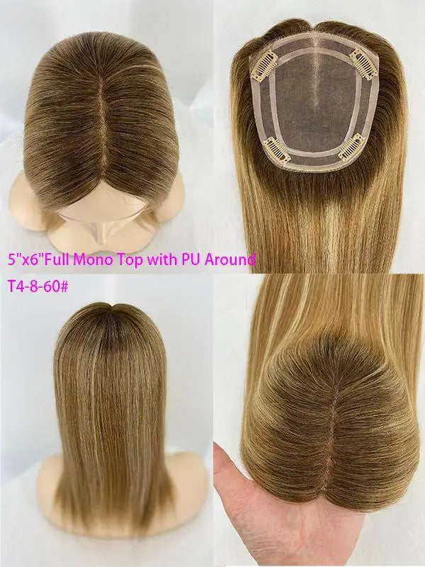 Human Hair Topper for Women Remy Hair Mono Lace Cap with Clip