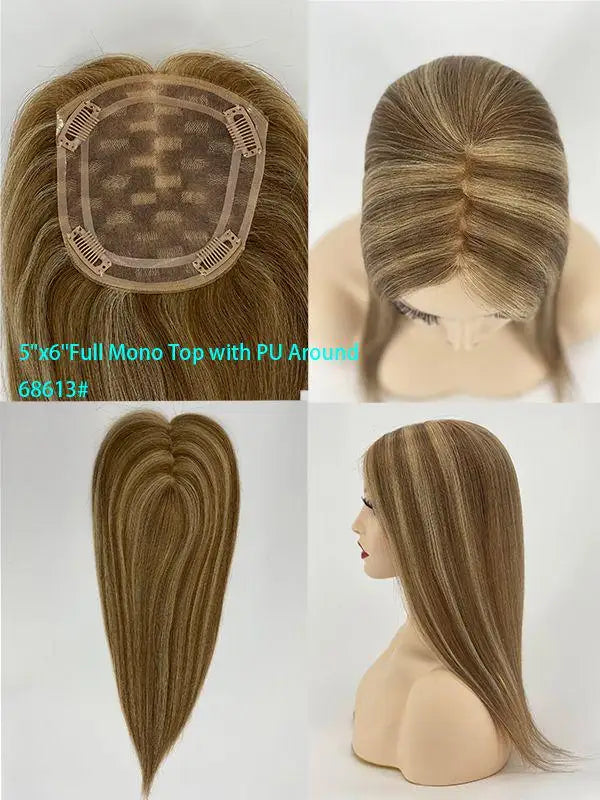 Human Hair Topper for Women Remy Hair Mono Lace Cap with Clip