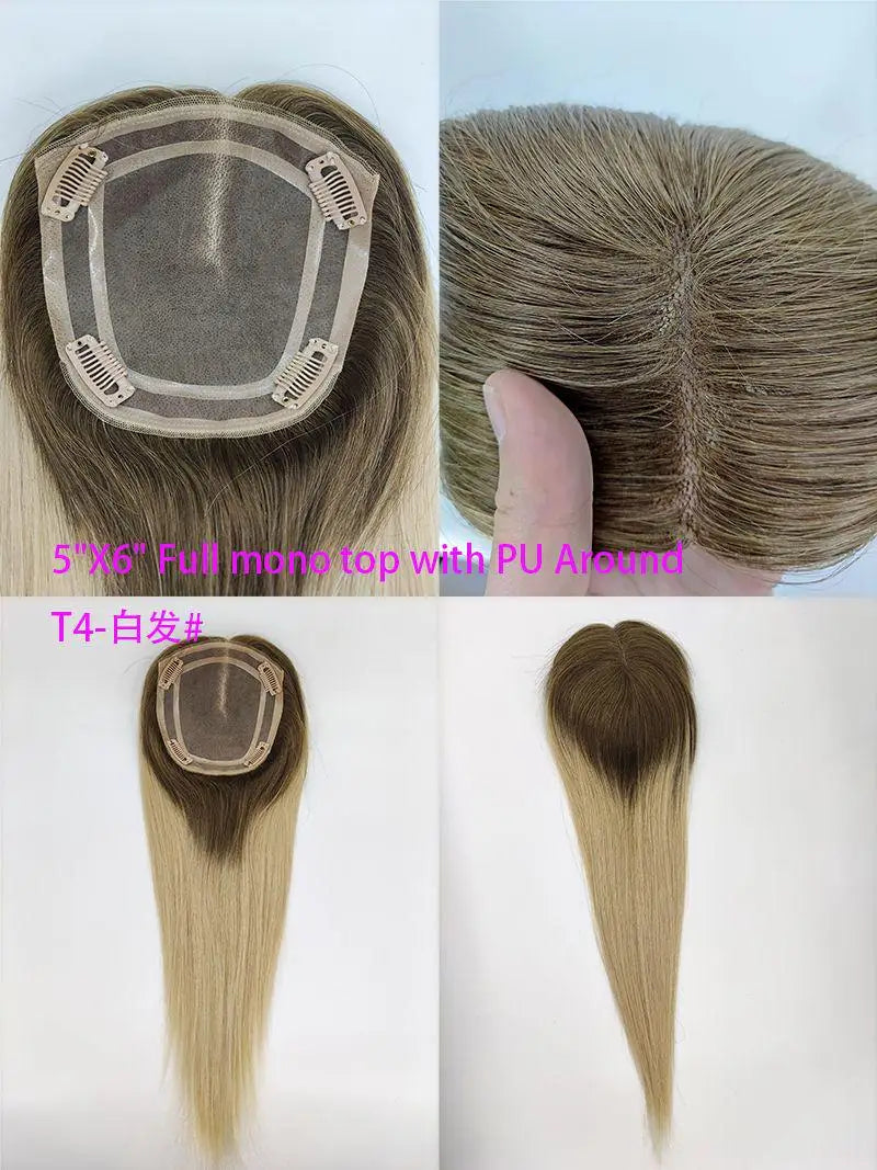 Human Hair Topper for Women Remy Hair Mono Lace Cap with Clip