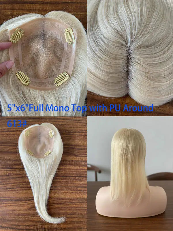 Human Hair Topper for Women Remy Hair Mono Lace Cap with Clip