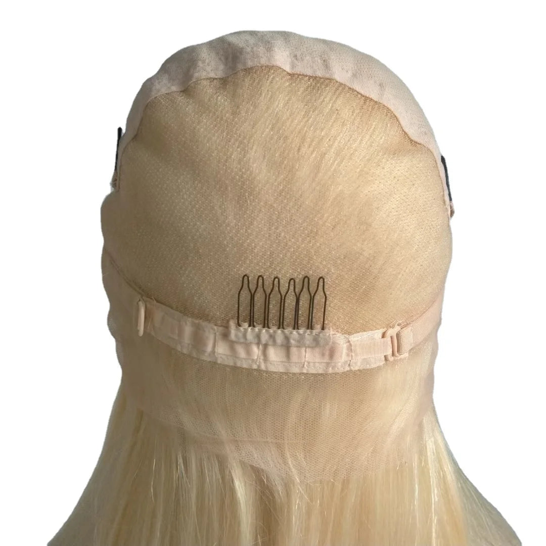 Peluca rubia de encaje completo 100% cabello humano postizo ajustable Remy sedoso natural para mujeres