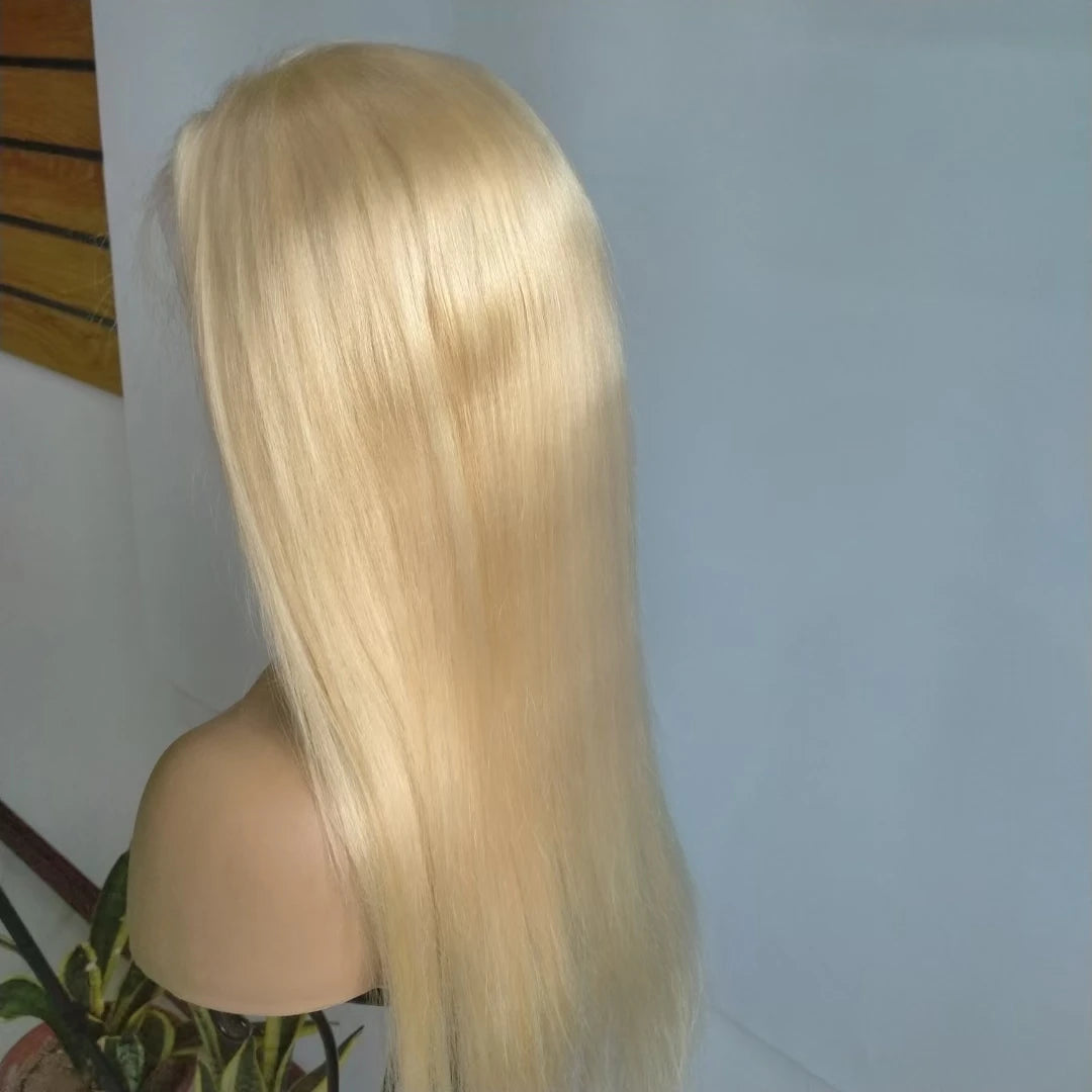 Peluca rubia de encaje completo 100% cabello humano postizo ajustable Remy sedoso natural para mujeres