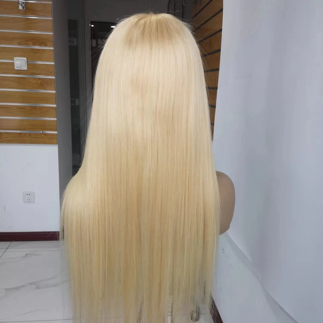 Peluca rubia de encaje completo 100% cabello humano postizo ajustable Remy sedoso natural para mujeres