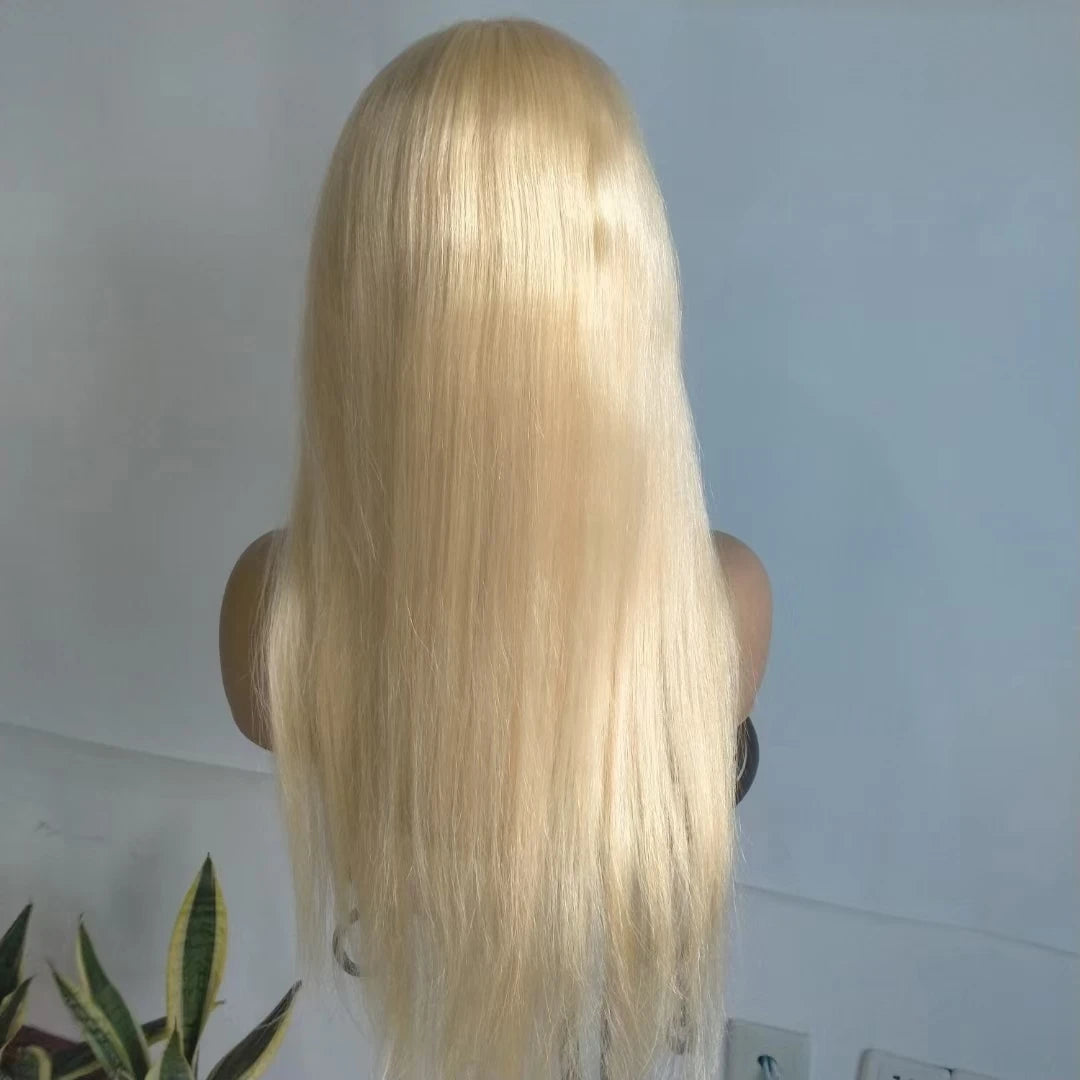 Peluca rubia de encaje completo 100% cabello humano postizo ajustable Remy sedoso natural para mujeres