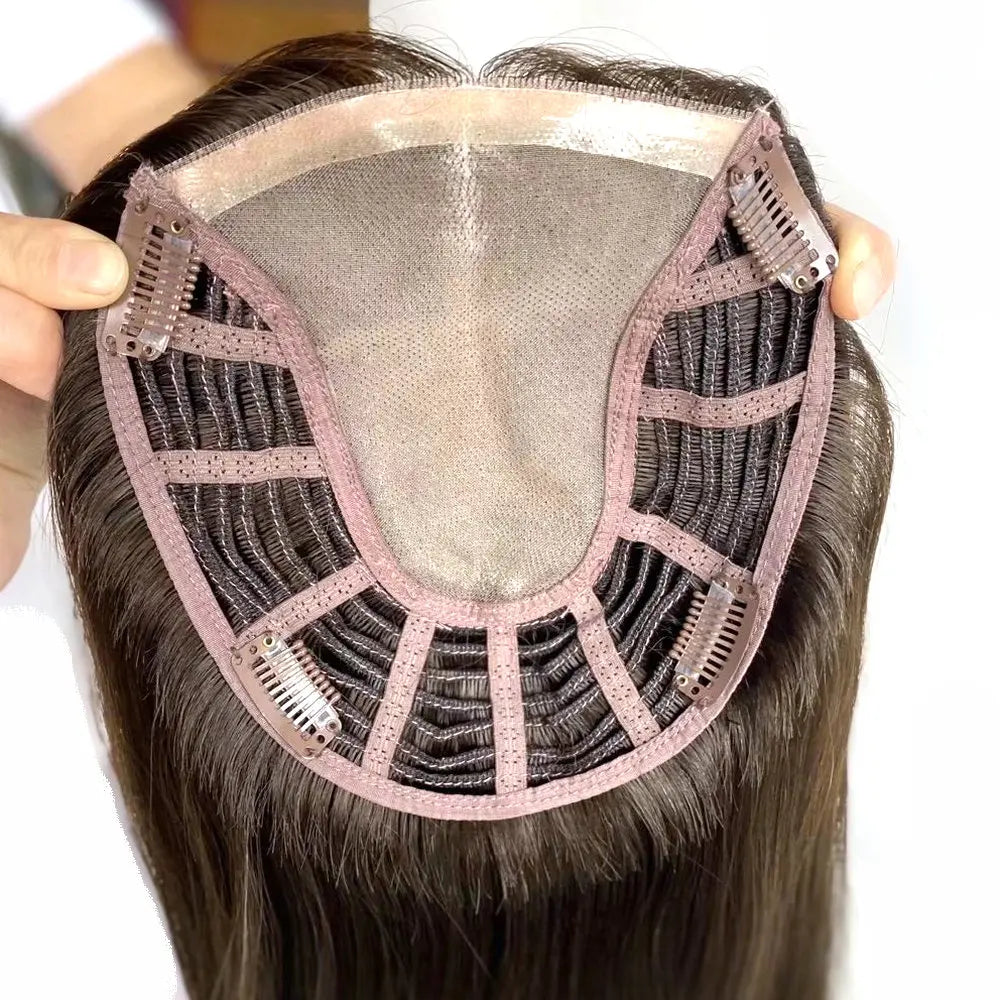 Human Hair Topper Clip In Extensions Natural Hairpiece Remy Mono Lace With Weft - back view