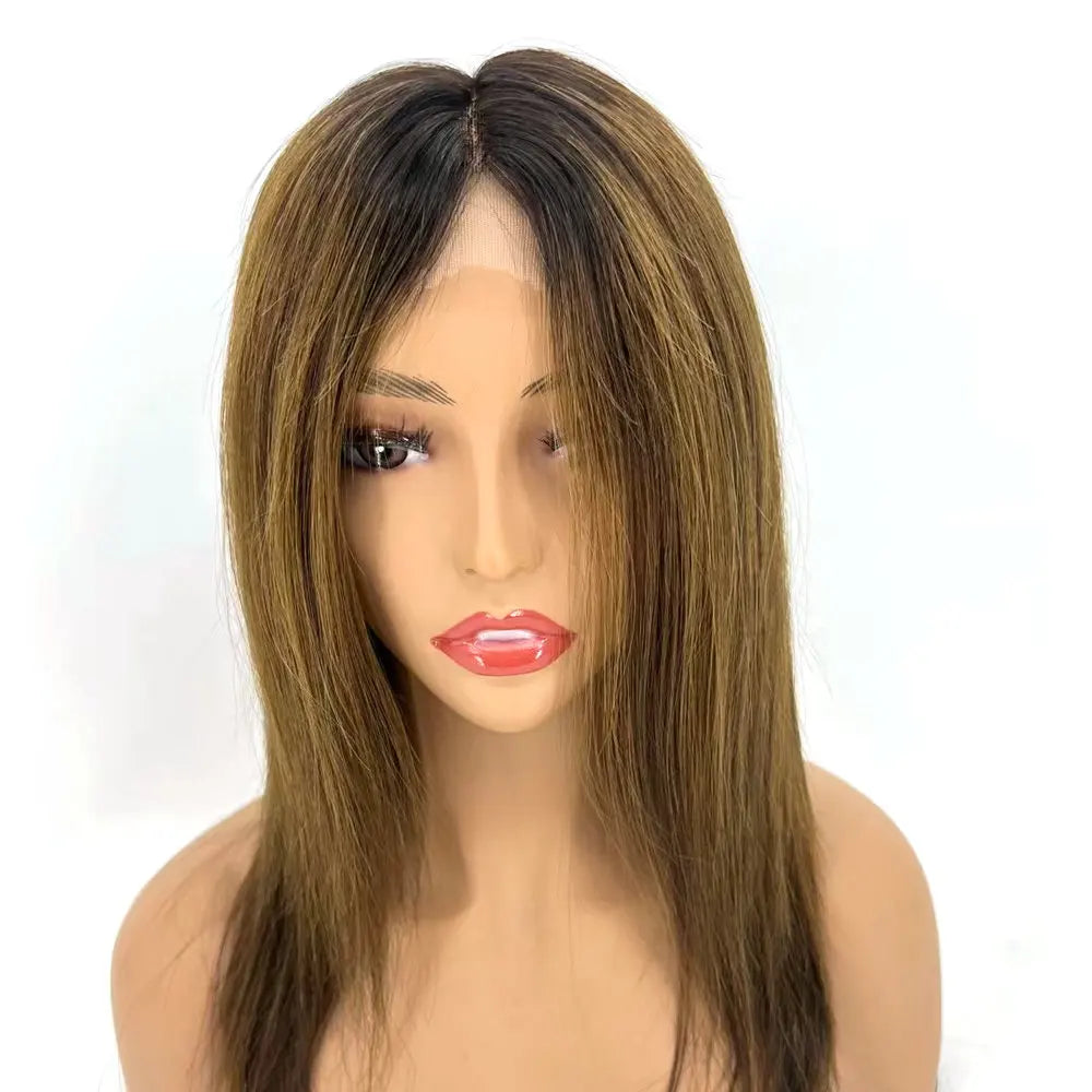 Dark Root Highlight Short Human Hair Wigs Lace Front Mono Top Remy Hairpiece Women