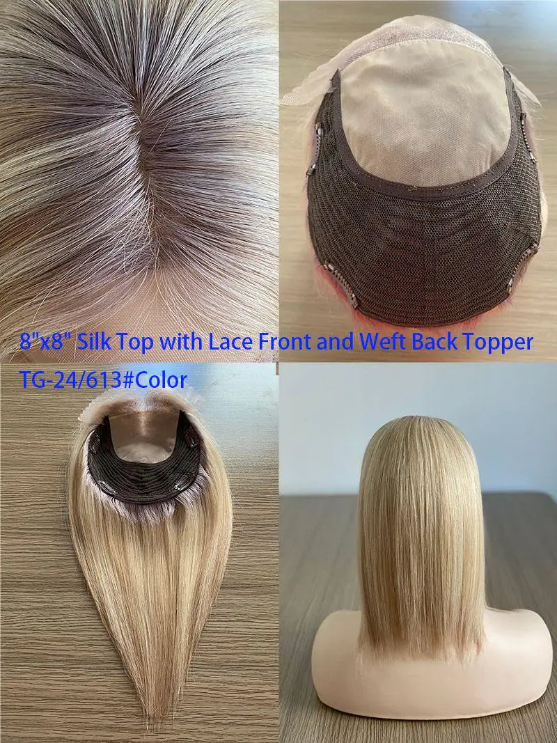 Lace Front Silk Natural Human Hair Topper with Clips Remy Hair Women