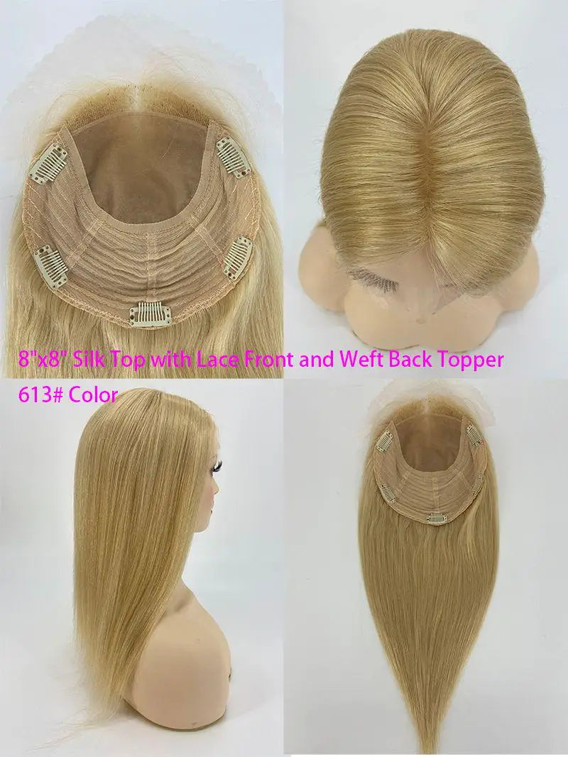 Koronka na przodzie, jedwabny, naturalny topper z ludzkich włosów z klipsami, Remy dla kobiet