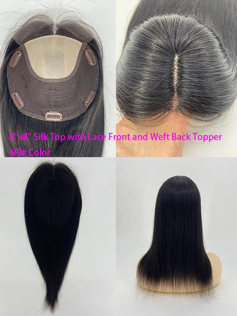 Koronka na przodzie, jedwabny, naturalny topper z ludzkich włosów z klipsami, Remy dla kobiet