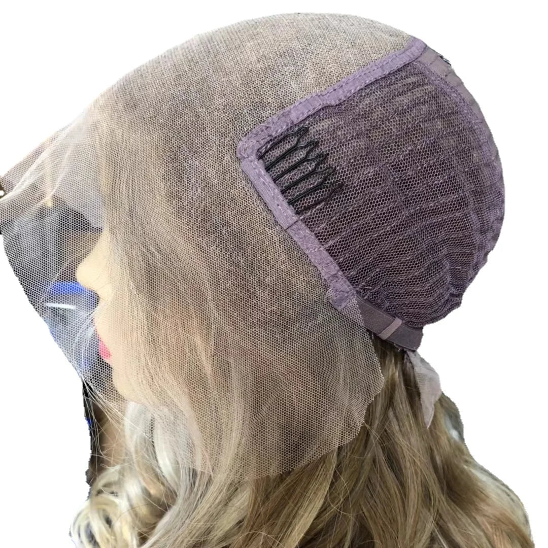 Szőke göndör csipkés frontú paróka, emberi hajból, kóser, hullámos, peluca cabello humano judaica