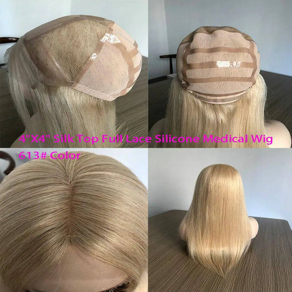 Remy Hair Wig Silk Top Medical Silicone Lace Front Natural Blond Ombre