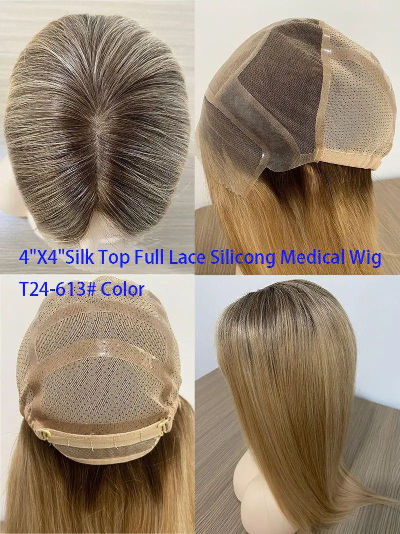 Remy Hair Wig Silk Top Medical Silicone Lace Front Natural Blond Ombre