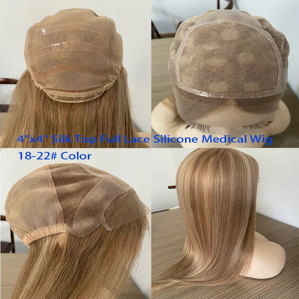 Remy Hair Wig Silk Top Medical Silicone Lace Front Natural Blond Ombre