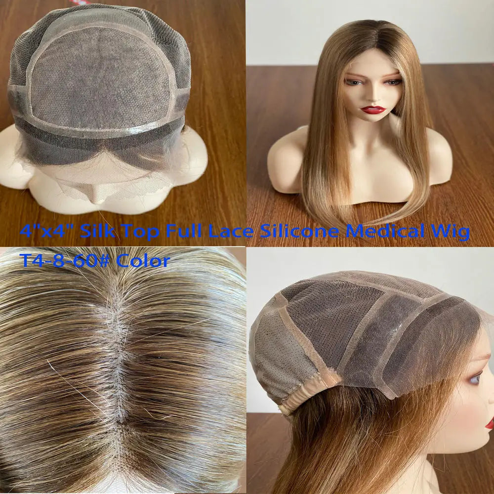 Remy Hair Wig Silk Top Medical Silicone Lace Front Natural Blond Ombre