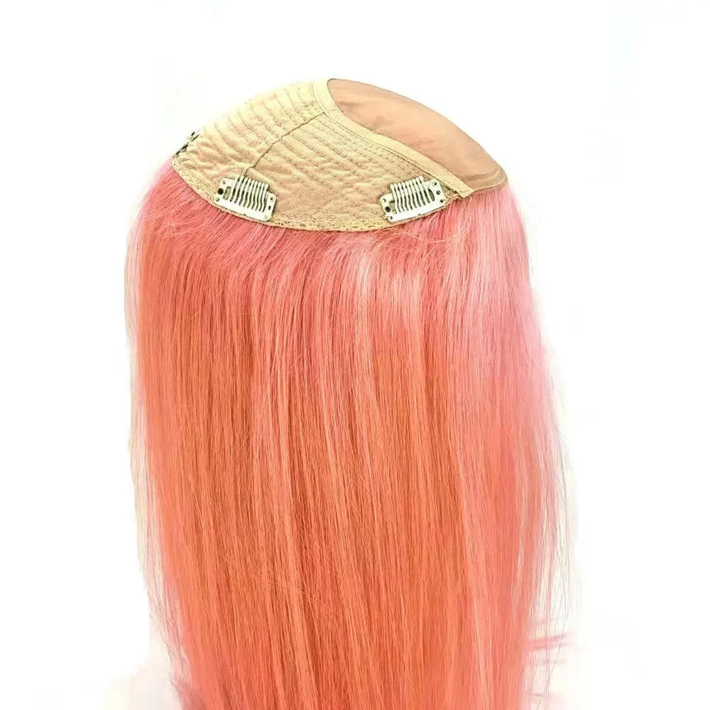 Pink Remy Human Hair Topper for Women Clip In Silk Base Extensions - top view