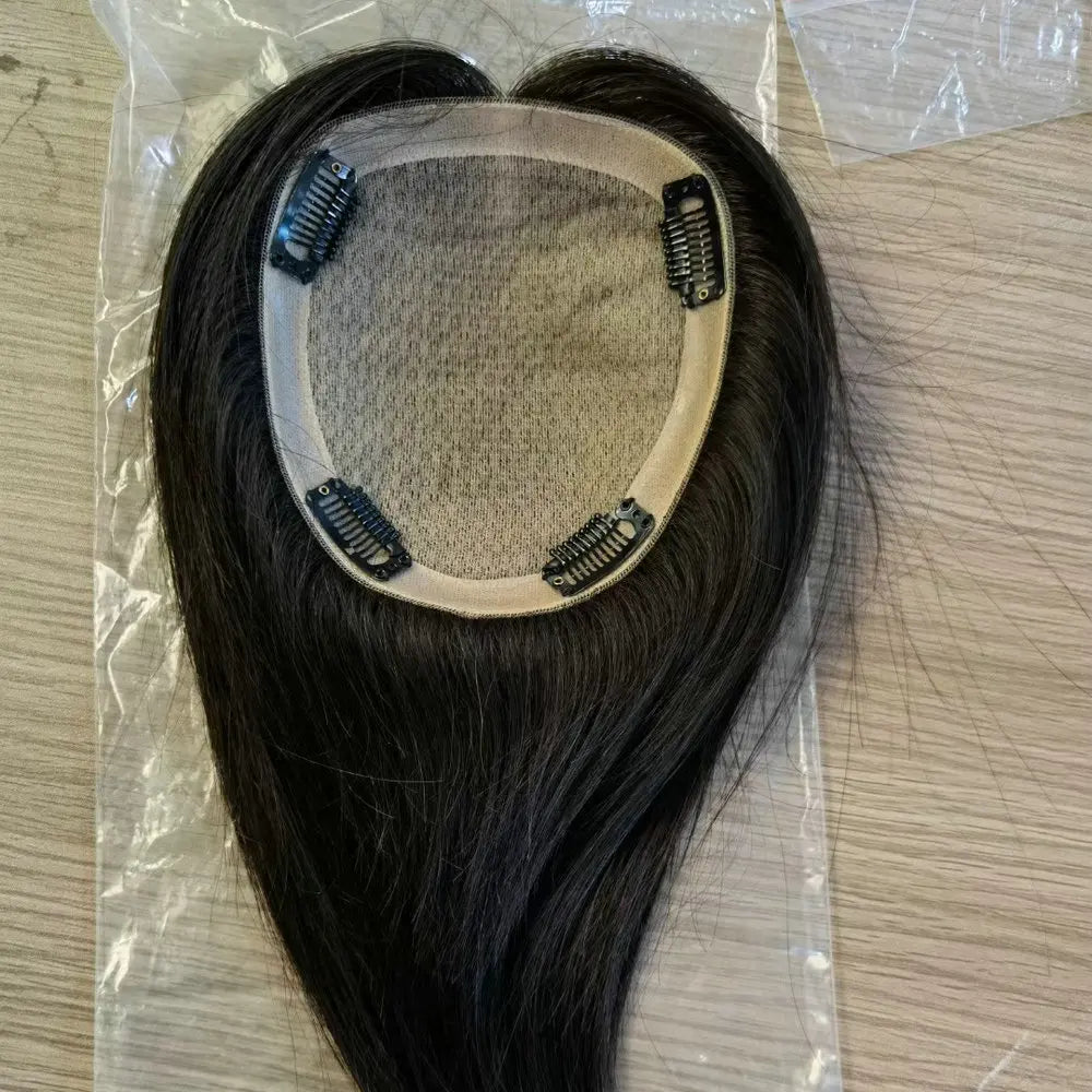 Topper de cabelo humano com base de seda para mulheres, peruca natural remy, fechamento com clipe