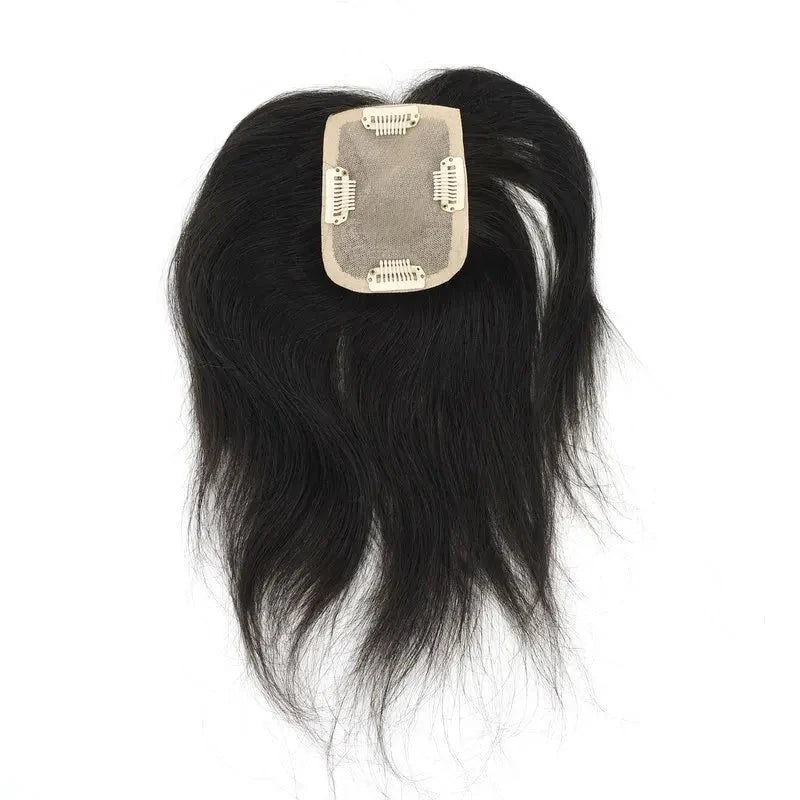 Topper de cheveux humains, Base en soie, raie au milieu, couverture de couronne à clipser pour femmes
