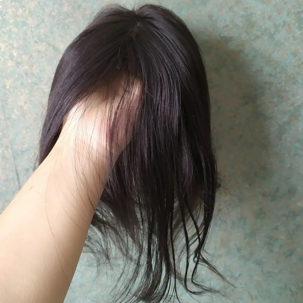 Topper de cheveux humains, Base en soie, raie au milieu, couverture de couronne à clipser pour femmes