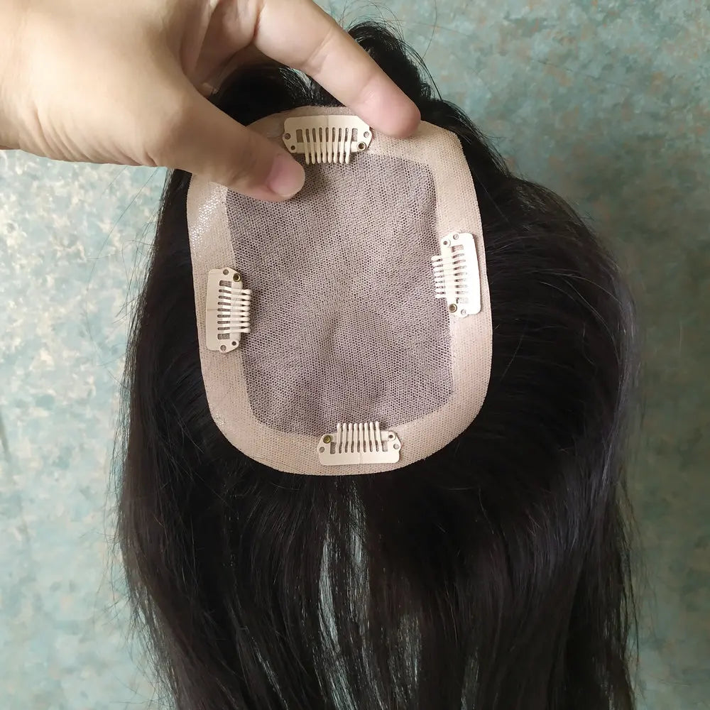 Topper de cheveux humains, Base en soie, raie au milieu, couverture de couronne à clipser pour femmes
