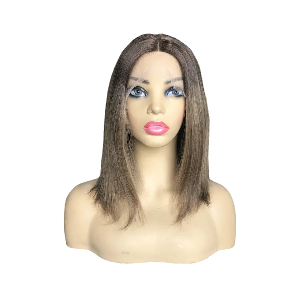 Rövid szőke U alakú paróka emberi hajból - Remy, sötétbarna tövekkel, nőknek, csipkés frontú kóser haj