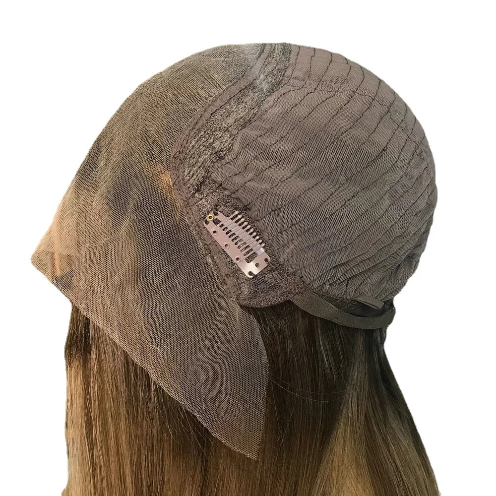 Rövid szőke U alakú paróka emberi hajból - Remy, sötétbarna tövekkel, nőknek, csipkés frontú kóser haj
