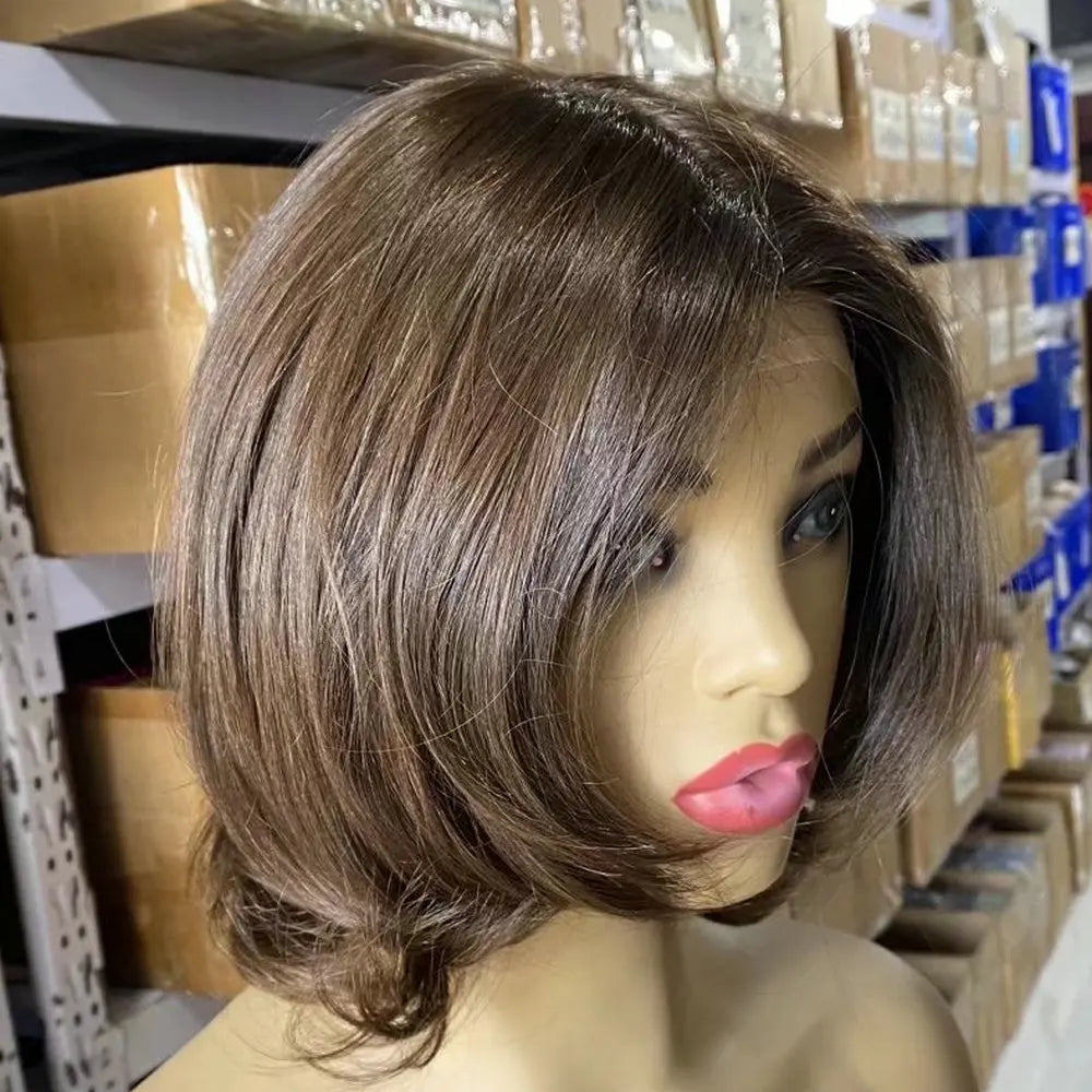 Women&#39;s Platinum Short Human Hair Wig with Natural Silk Base Lace Frontal Remy Hair Medical Prosthesis