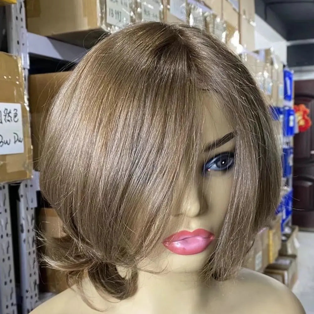 Women&#39;s Platinum Short Human Hair Wig with Natural Silk Base Lace Frontal Remy Hair Medical Prosthesis