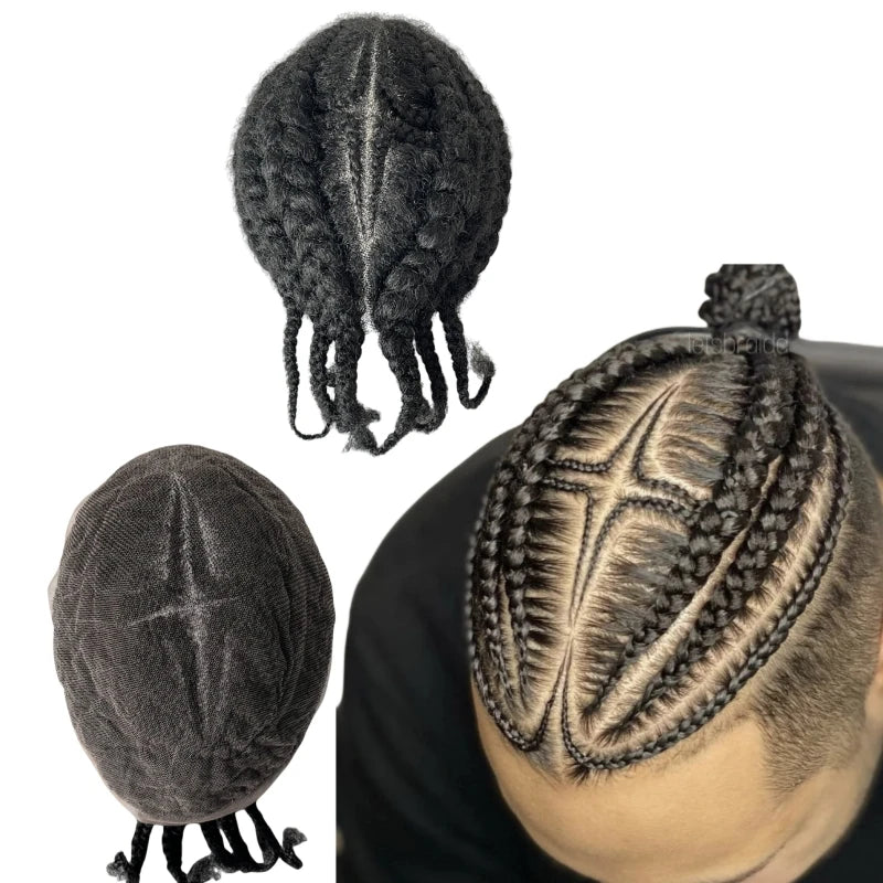Afro Corn Star Braids Full Lace Human Hair Toupee for Black Men 8x10