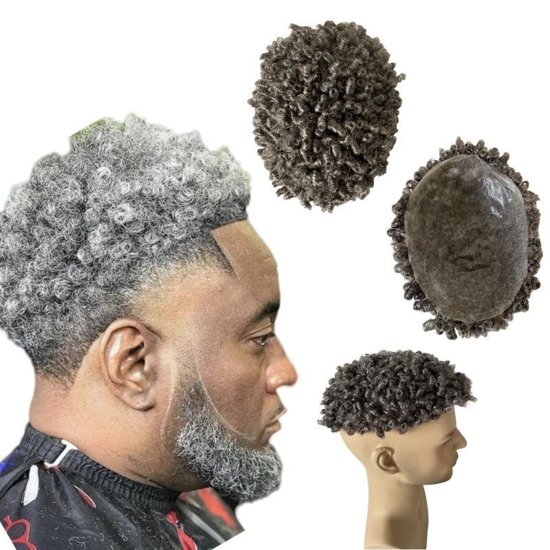 10mm curl #1b50 Grey Knotted Skin Toupee for Black Men