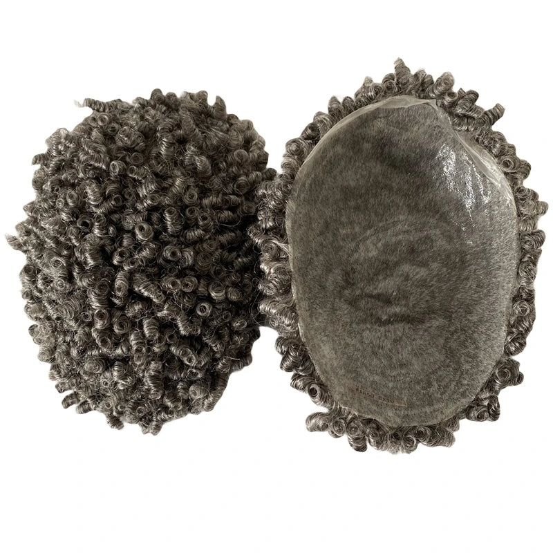 10mm krul #1b50 grijze geknoopte skin toupet voor zwarte mannen