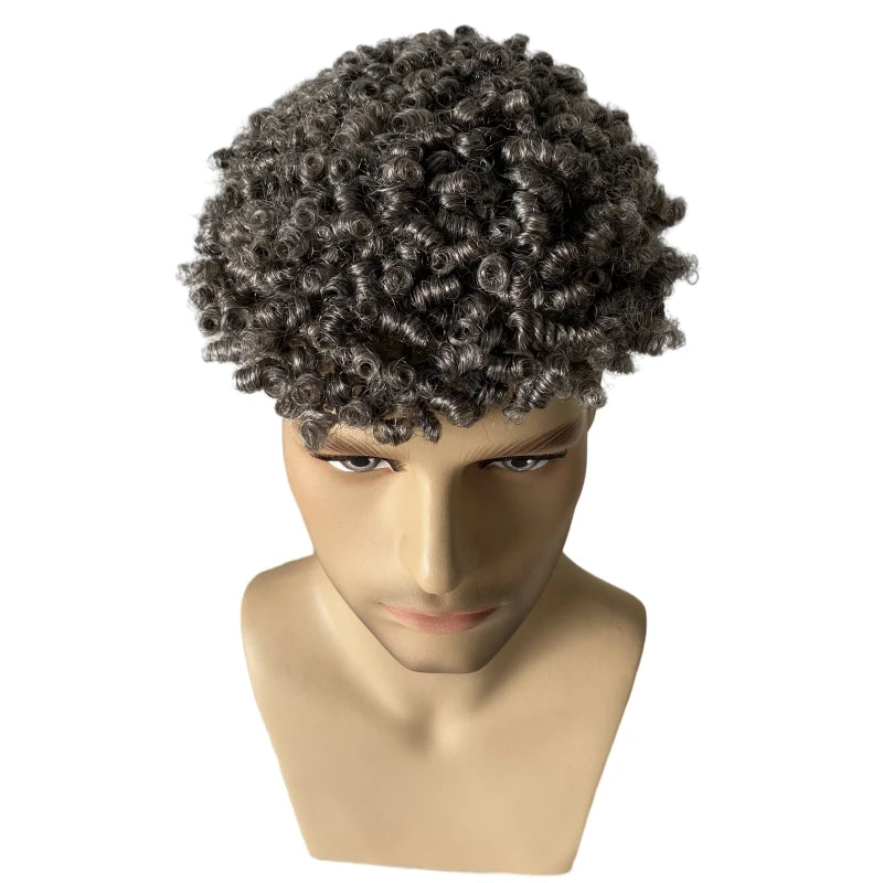 10mm curl #1b50 Grey Knotted Skin Toupee for Black Men