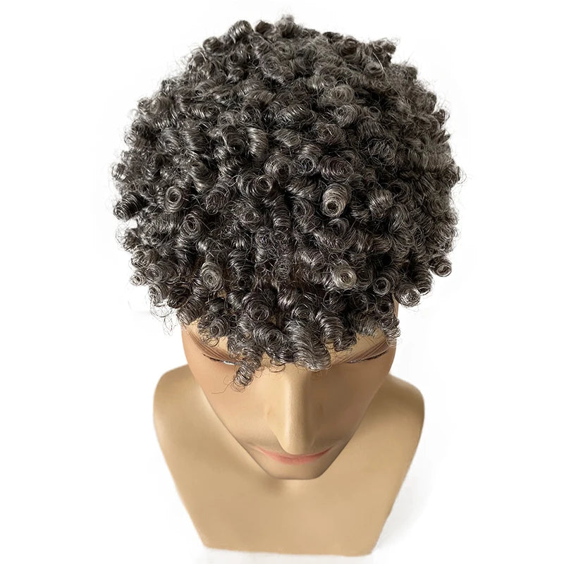 10mm krul #1b50 grijze geknoopte skin toupet voor zwarte mannen
