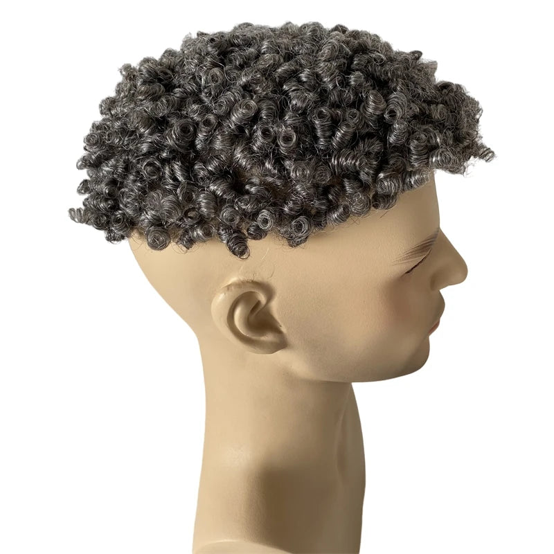 10mm krul #1b50 grijze geknoopte skin toupet voor zwarte mannen